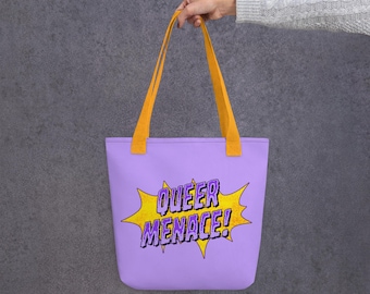 Queer Menace Tote Bag: Lavender & Gold Comic-Style Pride