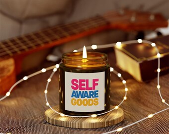 Hand-Poured Coconut Apricot Wax Candle: Self Aware Goods Logo, Reusable Jar (4oz)
