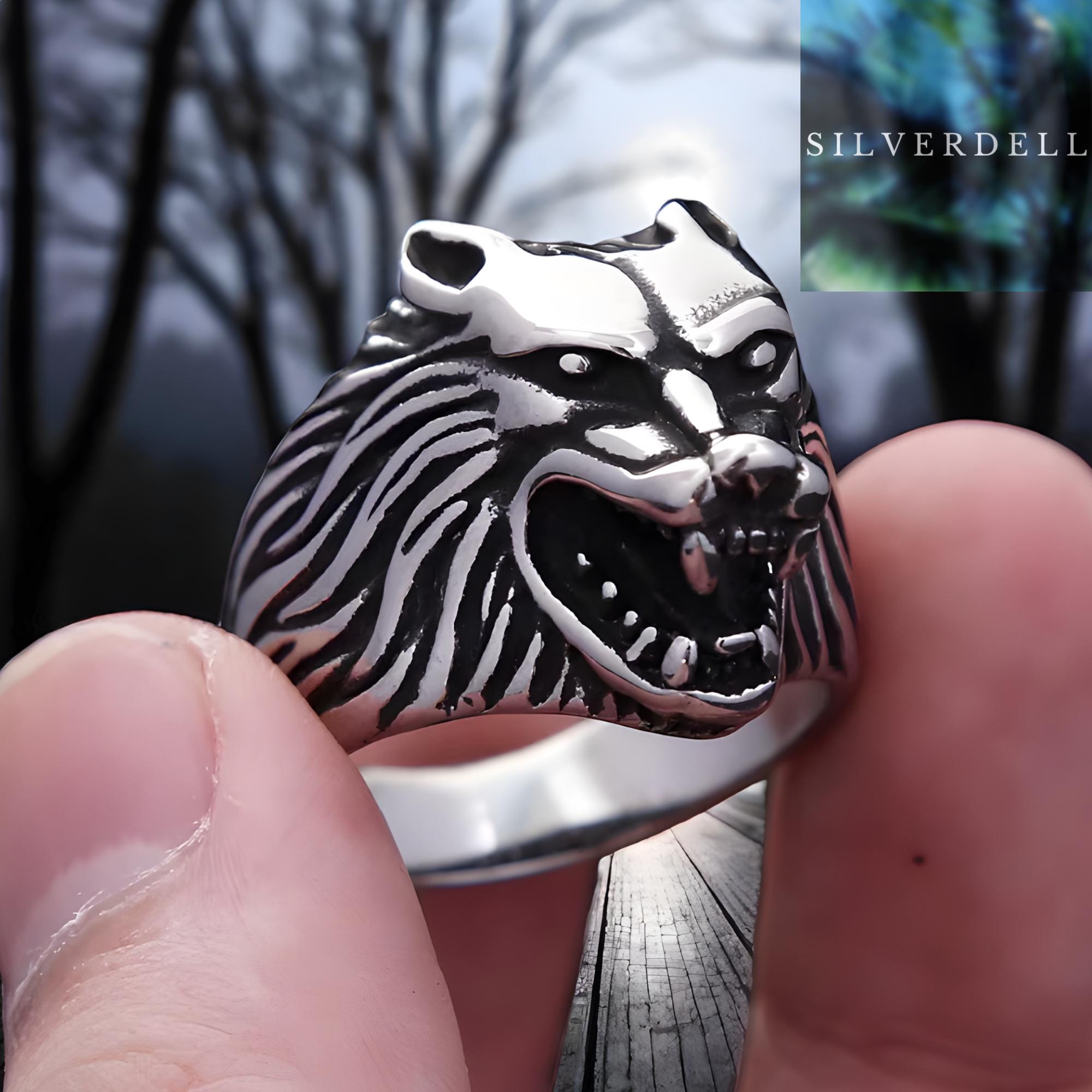 Stainless Steel Wolf Head Ring For Men - Black Vintage Werewolf Design