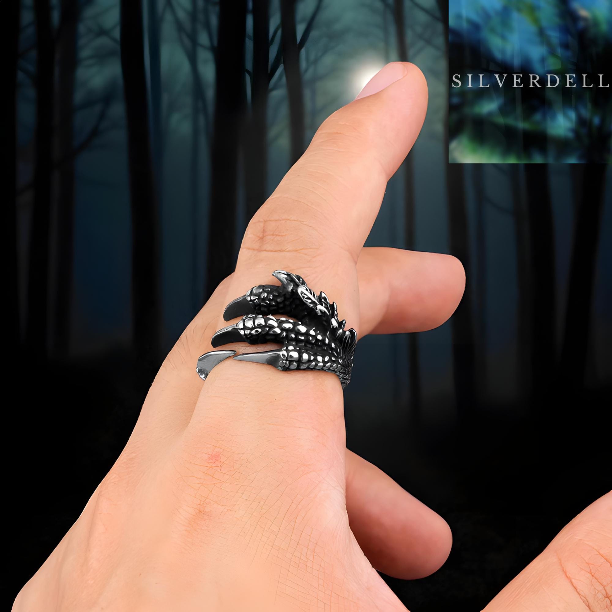 Ouceanwin 2 Pezzi Anelli Punk Vintage Gioielli Drago Argento, Anello Gotico in Acciaio Inossidabile Regolabile Anello da Uomo Retro Drago Anello Aperto Regolabile Gioielli per Uomo Donna