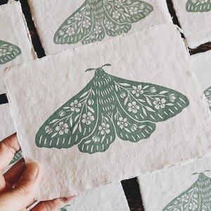 Floral Moth Linocut Print - Hand Carved Block Print on Handmade Paper, Seafoam Green 5x7