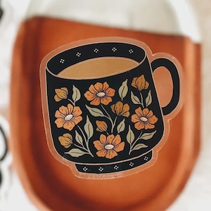 Coffee Lover 3&quot; Vinyl Sticker Floral Cottagecore Tea Cup Coffee Mug Illustrated Decal