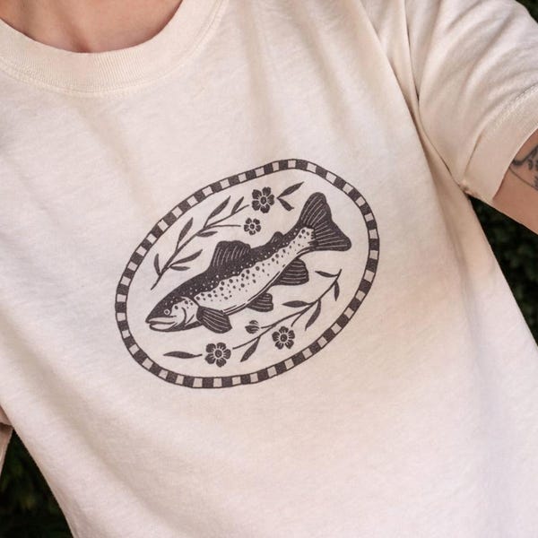 Whimsy Folk Mountain Trout Graphic Tee: 100% Cotton Illustrated Summer Shirt