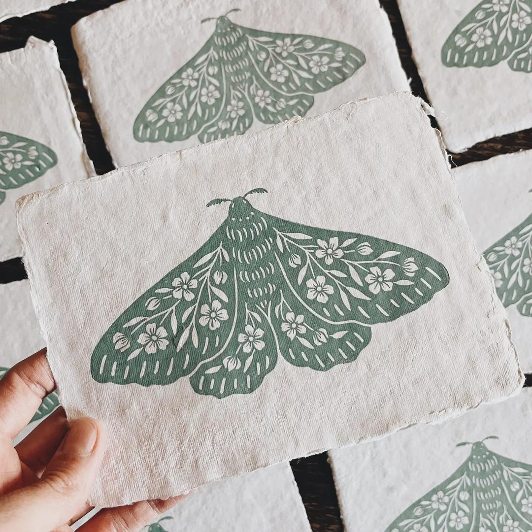 Floral Moth Linocut Print - Hand Carved Block Print on Handmade Paper ...