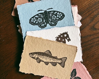 Tarjeta impresa a mano con bloques, grabado en linóleo, colores de tinta personalizados para el papel (3,5 x 5 pulgadas)