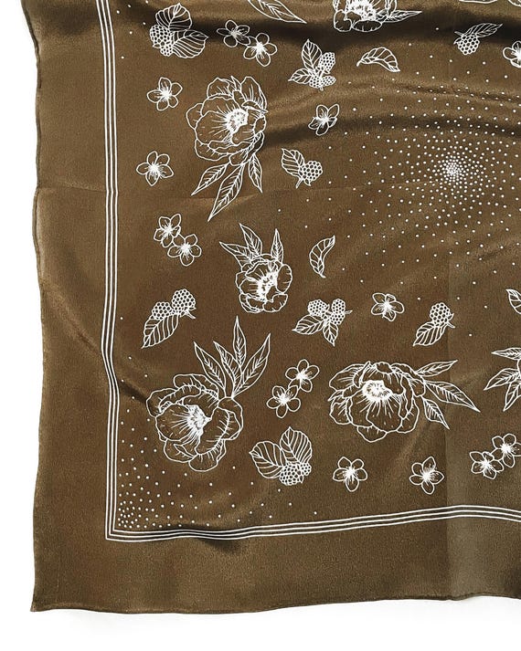 Floral Line Art Silk Bandana Scarf - Olive Green Western Accessory 23” Square