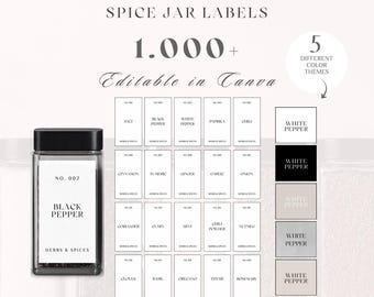 Spice Jar Labels Printable | 1000+ Labels | 70 Pre-Filled, 30 Blank | Editable Canva Template | Instant Download PDF | A4 & US Letter