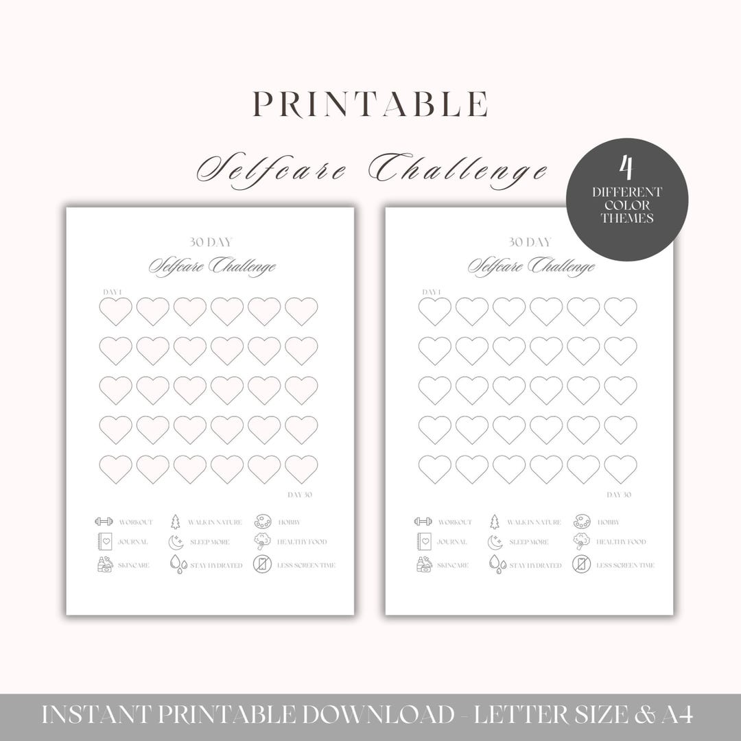 30-day Selfcare Challenge Printable | Daily Checkbox Tracker | Wellness ...