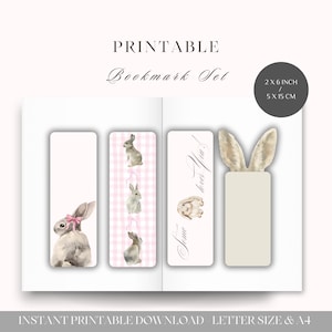 Printable Bookmark Set | Cute Bunny Bookmarks | Gingham Bow Design | Soft Pastel Aesthetic | Set of 4 | A4 & US Letter | Digital Download