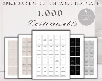Más de 1000 etiquetas imprimibles para frascos de especias | 70 prellenadas + 30 en blanco - 5 combinaciones de colores | 2 bordes | PDF instantáneo (A4 + Carta estadounidense) + Plantilla de Canva