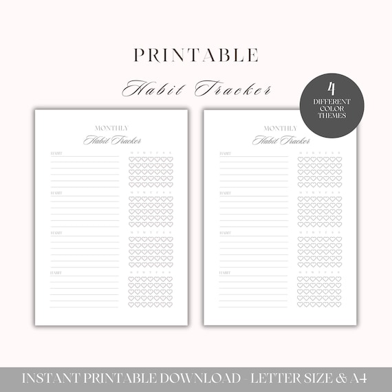 Monthly Habit Tracker Printable | Track Daily Habits and Routines for 4 Weeks | 4 Color Themes | A4 & US Letter