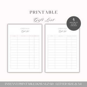 Christmas Gift List | Printable Holiday Gift Tracker | Recipient Name, Gift Idea, Bought and Wrapped | A4 & US Letter | 4 Color Themes