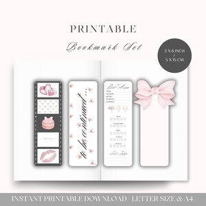 Printable Bookmark Set | Coquette Aesthetic Bookmarks with Book Review Card | Romantic Bow Design | Set of 4 | A4 & US Letter | Digital