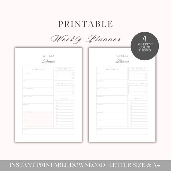 Weekly Planner Printable | Undated | Schedule, Priorities, Goals and To-Do List | 4 Color Themes | A4 & US Letter