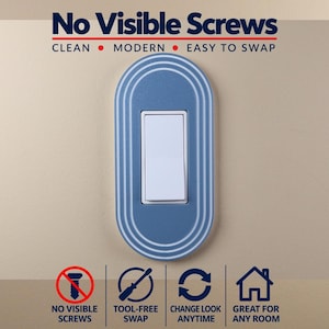 May include: A blue oval light switch cover plate with white concentric line details and a central white rectangular rocker switch. The text reads No Visible Screws, Clean, Modern, Easy to Swap, Tool-Free Swap, Change Look Anytime, Great for Any Room.