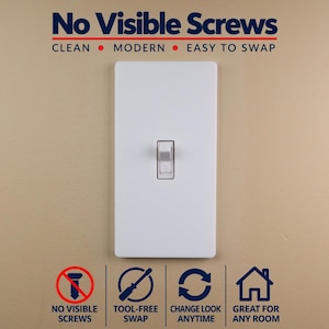 May include: A white rectangular light switch cover plate with a central toggle switch. The text reads: No Visible Screws, CLEAN, MODERN, EASY TO SWAP, NO VISIBLE SCREWS, TOOL-FREE SWAP, CHANGE LOOK ANYTIME, and GREAT FOR ANY ROOM.