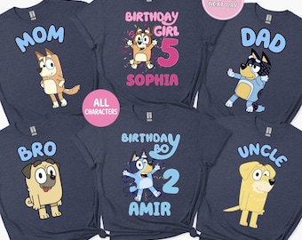 Chemise de famille personnalisée chien bleu tous les personnages Chemise de famille nom personnalisé chien bleu à manches longues chien bleu sweat enfant chien chemise papa maman