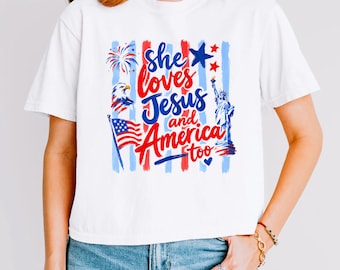 T-shirt carré Comfort Colors® rétro des États-Unis, 250e année, chemise chrétienne patriotique, elle aime Jésus et l'Amérique aussi, chemise courte An2K 4 juillet T-shirts bébé