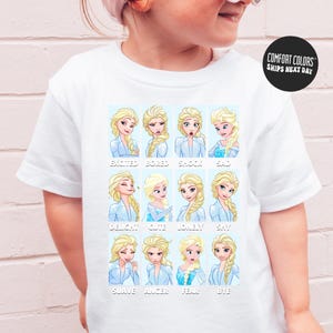 A white t-shirt with a collage of twelve different expressions of the character Elsa from the Disney movie Frozen, each representing a different emotion or action.