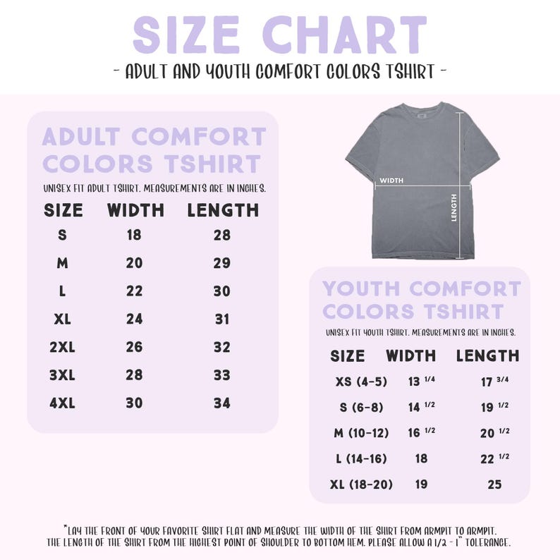 The image is a size chart for an adult and youth comfort colors t-shirt. It provides measurements for different age groups, including adults and youth, and outlines the corresponding t-shirt sizes.
