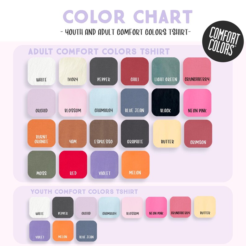 The image is a color chart for a youth and adult comfort t-shirt, displaying a variety of colors and their corresponding names.
