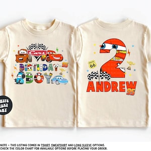 two birthday shirts with cars and numbers on them