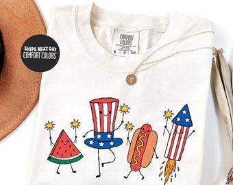 Camiseta patriótica con dibujos de Comfort Colors® Camiseta linda del 4 de julio Camiseta de sandía con perrito caliente y fuegos artificiales Camiseta retro americana Camiseta del Día de la Independencia