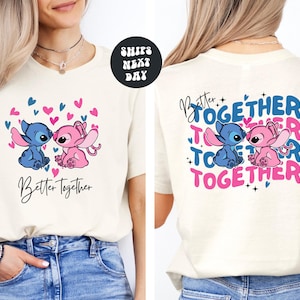 The image is a collage of two photos featuring a woman wearing a white t-shirt with a graphic design of two cartoon characters, one pink and one blue, along with the text "Better together" and "Together".