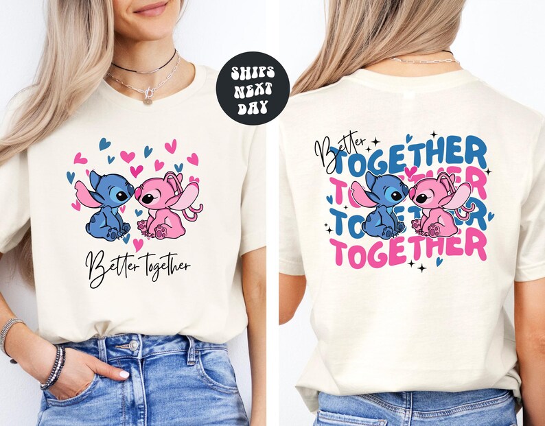 The image is a collage of two photos featuring a woman wearing a white t-shirt with a graphic design of two cartoon characters, one pink and one blue, along with the text "Better together" and "Together".