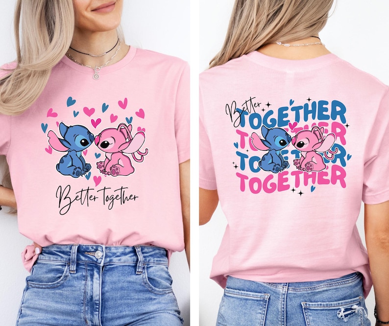 A woman wearing a pink t-shirt with a graphic design featuring two cartoon characters, one pink and one blue, along with the text "Better together" and "Together".