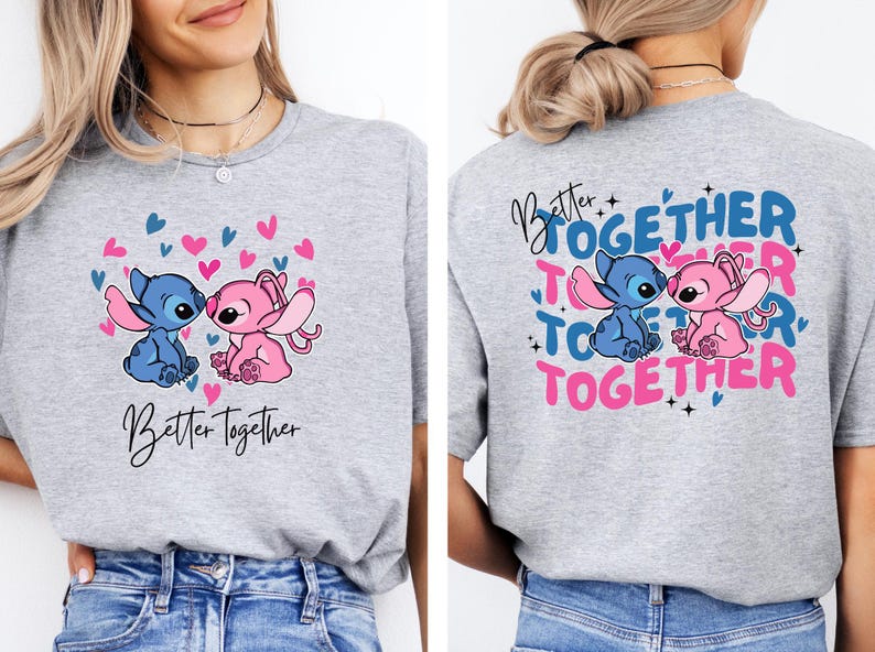 a woman wearing a gray t-shirt with a graphic design of two cartoon characters, a blue character and a pink character, along with the text "Better together" and "Together".