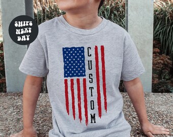 Chemise drapeau des États-Unis personnalisée avec nom assortie 4 juillet t-shirts graphiques pour enfants Chemise fête de l'indépendance des États-Unis 250, cadeau 4 juillet personnalisé pour enfants