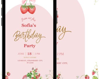 Puede incluir: Una invitación digital rosa para la fiesta de cumpleaños de Sofía, con un tema de fresas. El diseño incluye un coche rosa que transporta fresas, ilustraciones de fresas y el texto "Join us for Sofia's Birthday Party, June 18, 2 PM."