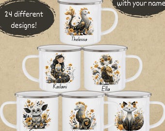 Personalized Scandinavian Mythological Creatures Enamel Camping Mug in Black, Silver and Gold