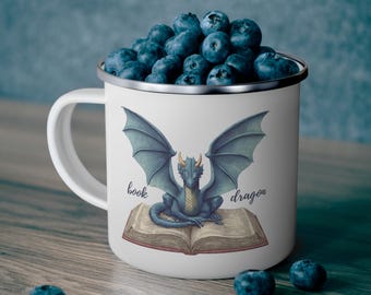 Blue Book Dragon Enamel Camping Mug | Reading Fantasy Illustration