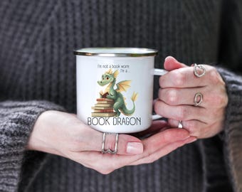 I'm Not a Book Worm I'm a Book Dragon green dragon reading books Enamel Mug