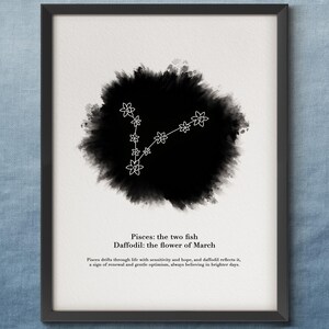 Narcis vissen sterrenbeeld maart geboorte bloemenprint, astrologie sterrenkaart kunst aan de muur
