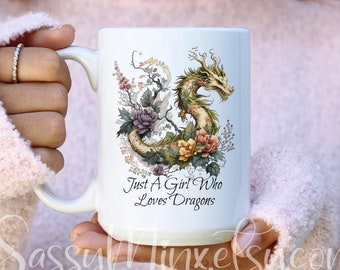 Vintage Chinese Dragon Coffee Mug with Floral Design | 11oz and 15oz | Just a Girl Who Loves Dragons | Ceramic Mug