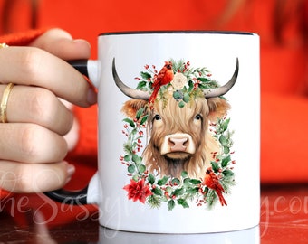 Festive Highland Cow Gift Mug, Christmas Poinsettia Wreath Highland Cow Coffee Mug, Perfect Office Gift, Secret Santa & White Elephant Party