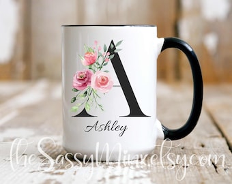 Personalized Name Gift Mug, Monogramed Floral Initial Mug Perfect For Gifting For Mothers Day, Her Birthday Or To Your Best Friend