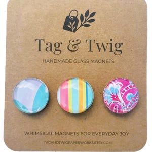 Whimsical Glass Magnet Set – 3 Handmade Decorative Magnets on Kraft Backing Card – Colorful Fridge Magnets, Office Decor, Small Gift