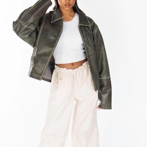 1990&#39;s Distressed Leather Jacket Women | Ladies Oversized Genuine Soft Real Leather Jacket | Women Distressed Vintage Style Zip-Up Outerwear