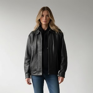 90's Women Oversized Black Biker Bomber Real Leather Jacket | Women's Retro Boxy Fit Street wear Fashion Classic Vintage Outwear | Gift Her