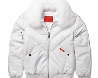 Men's White Original Goose Country V-Bomber Jacket with Fur Lined Collar,Men V-bomber Winter Warm Streetwear Coat,Men Puffer Stylish Jacket,