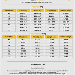 May include: A size chart for men's bomber leather jackets, showing measurements in inches and centimetres. The chart details jacket size, chest, waist, length, and sleeve length. Website address: sathbyhr.com.