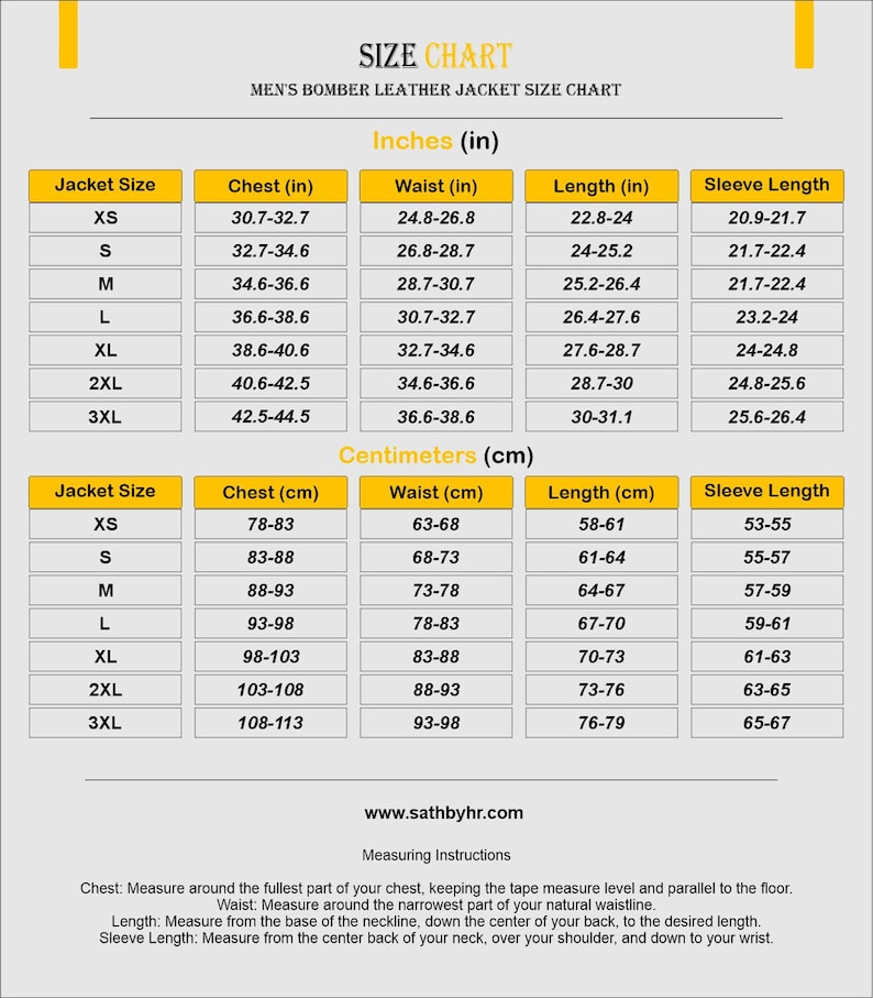 May include: A size chart for men's bomber leather jackets, showing measurements in inches and centimetres. The chart details jacket size, chest, waist, length, and sleeve length. Website address: sathbyhr.com.