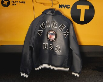 Men's Avirex USA Leather Jacket, Vintage Bomber Style, Varsity