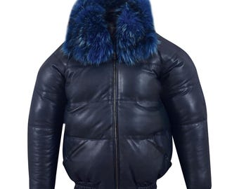 Handmade Men's Hooded Navy Goose Style V-Bomber Jacket, Detachable Faux Fur Hood Real Leather Jacket, Winter Fall Jacket, Gift For Him
