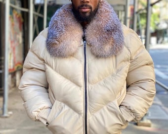 Men’s Beige Fur Collar Puffer Jacket,Goose Country Inspired Winter Coat,Handmade Thick Warm Bubble Jacket, Real Lambskin Street wear Jacket