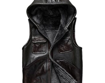 Men's Hooded Leather Vest, Men's Real Leather Vest, Men's Shearling Leather Vest, Shearling Leather Vest, Leather Vest,Men's Leather Vest